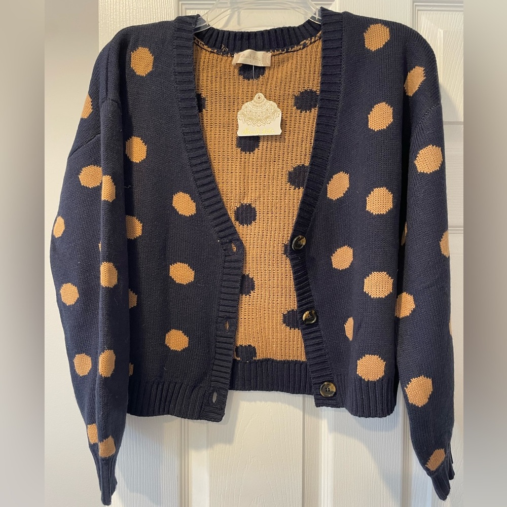 Polka Dot Cardigan Sweater - Navy and Tan